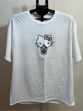 Hello Kitty White Tee with Pink Bow and Blue Drink - Short Sleeve